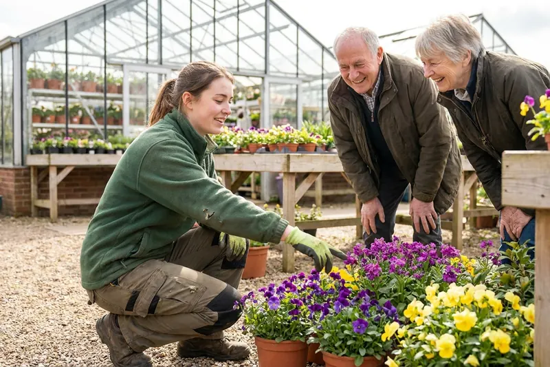 A young female garden centre employee kneels and points out purple and yellow flowers to an older couple in a plant nursery.