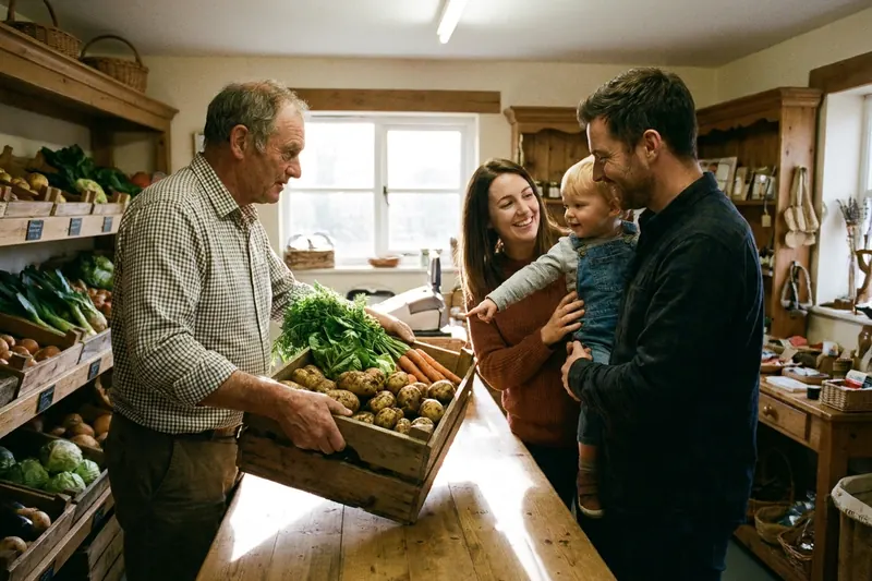 An older farmer hands a wooden crate of fresh vegetables to a young family inside a rustic farm shop.